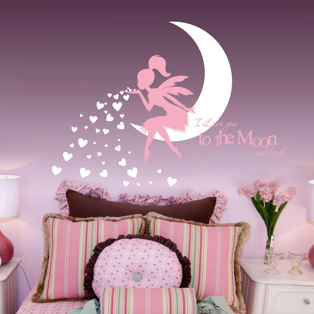 Fairy Blowing Hearts Wall Decal I Love You To The Moon And Back, Fairy Vinyl Sticker, Fairy Nursery Decoration N-43