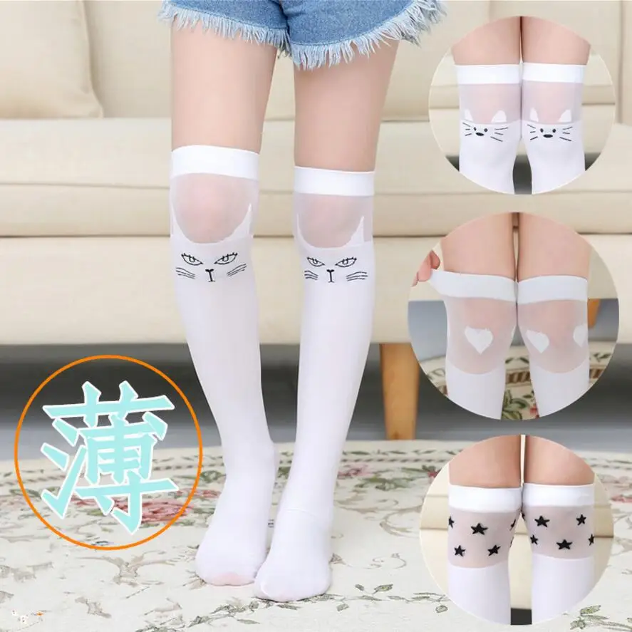 2 To 12 T White school girls socks cotton knee high long socks cartoon star/heart/stripe design princess socks Girl Socks