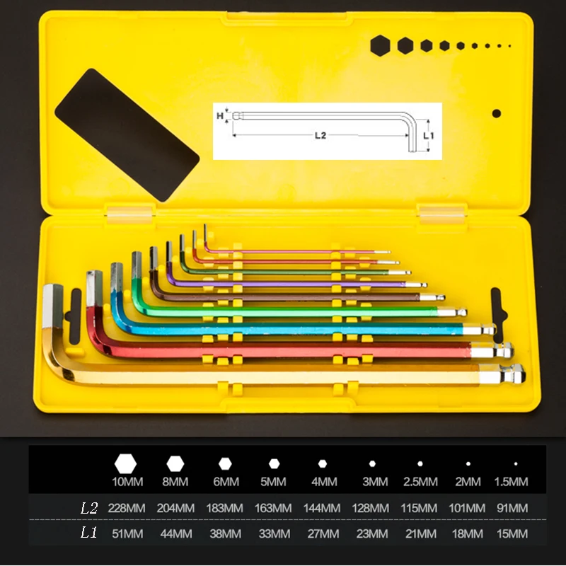 9pcs Ball Point Colored Rain Bow Color Wrench Colorful Hex Key Set Metric Combination Kit