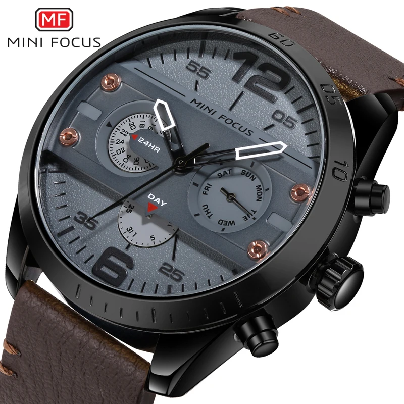 MINI FOCUS Men\'s Army Sports Quartz Watches Leather Strap Calendar Week Date Waterproof Wristwatch Man Clock Relogios 0068 Brown