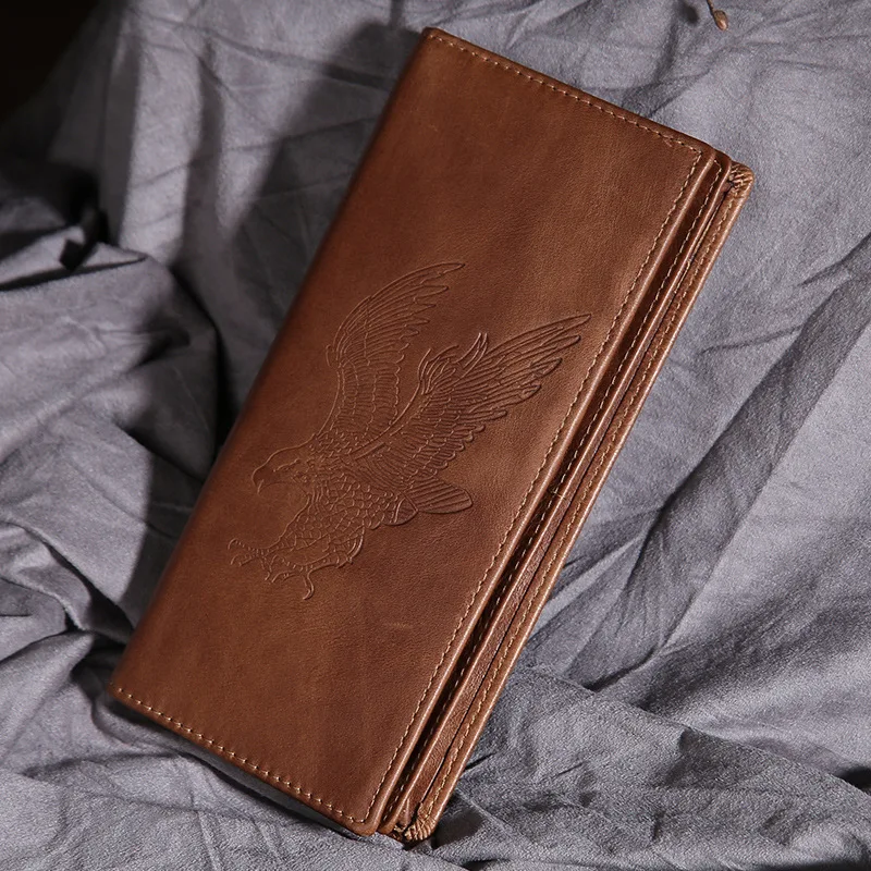 Unisex Genuine Oix Wax Leather Long Wallet Eagle Pattern Design Men Coin Pocket ID/Credit Card Holder Women Bifold Purse