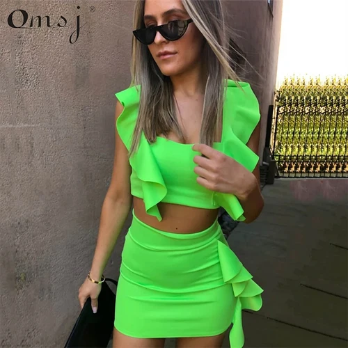 OMSJ 2025 vestido con volantes rosa neón, verde y naranja, conjunto informal de verano, Top corto de dos piezas, minivestido, conjunto de vestido de noche a la moda para discoteca