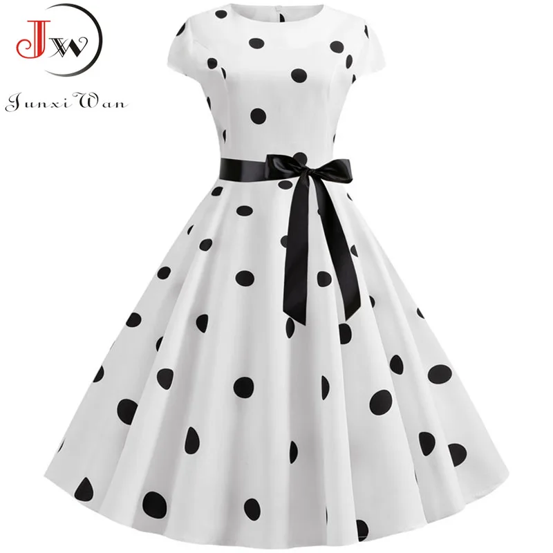 Short Sleeve Polka Dot Summer Dress Women White Elegant A-line Midi Party Dress Vestidos 50s 60s Rockabilly Vintage Dress