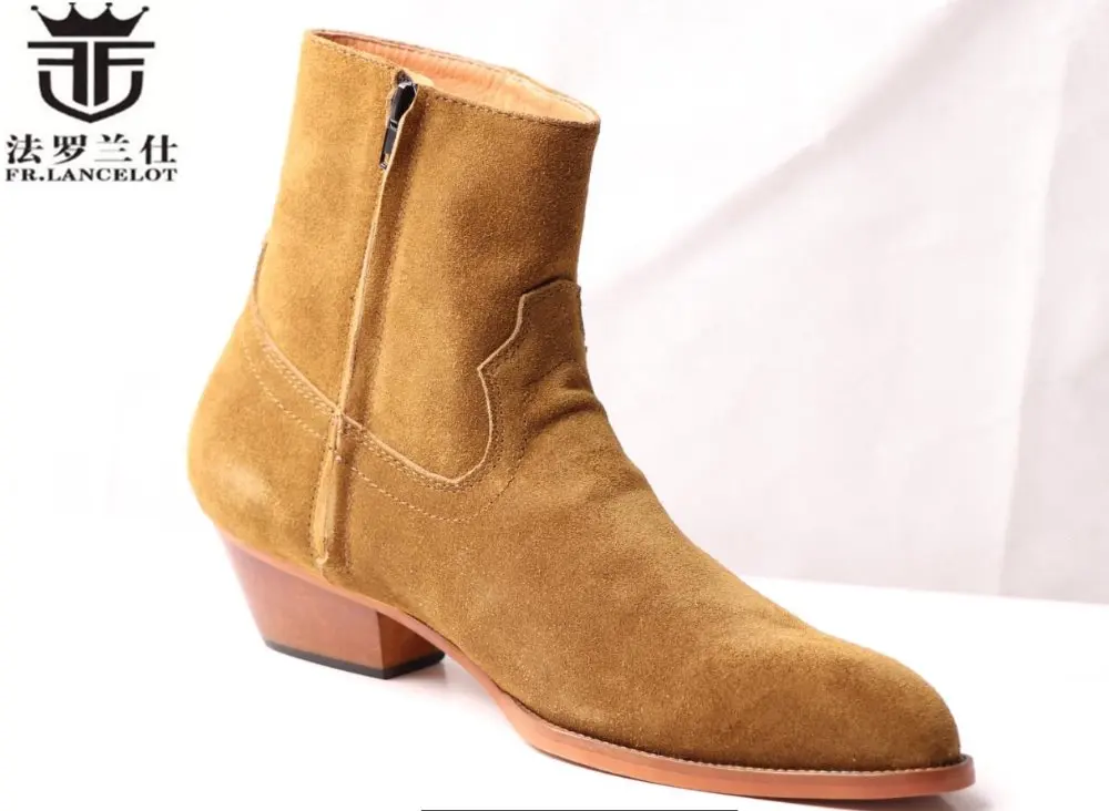 FR.LANCELOT fashion Chelsea boots men real suede leather boots British Style zip up ankle shoes high top med heel men boots