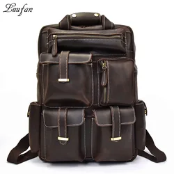 Large Capacity Crazy Horse Leather Backpack Men Vintage Cow Leather Rucksack Casual Travel Luggage Bag Dark Brown Big Pack