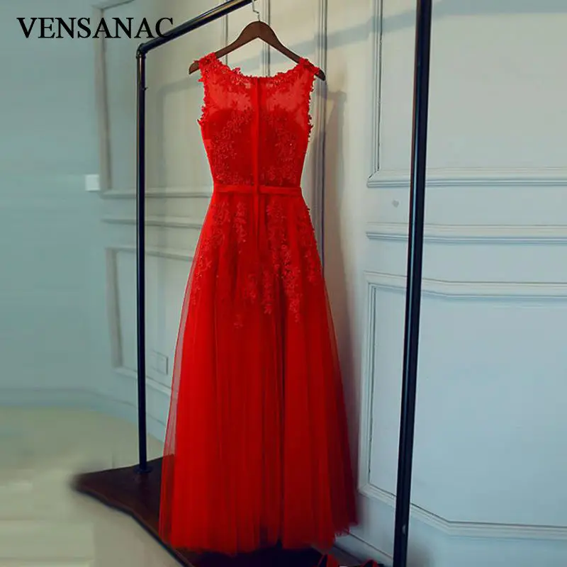 

VENSANAC 2017 New A Line Embroidery O Neck Long Evening Dresses Sleeveless Elegant Crystals Sash Beadings Party Prom Gowns