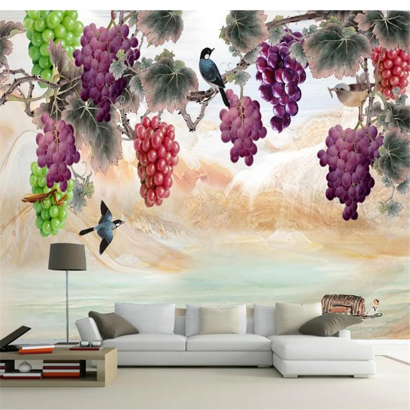 wellyu  papel de parede para quarto  Custom wallpaper   Chinese brushwork, hand-painted grapes, background wall painting