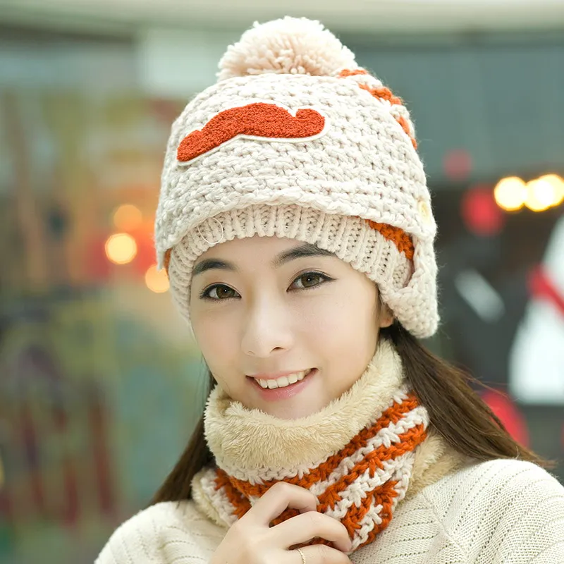 hat scarf mask sets female winter knitted hat knitted autumn and winter thermal masks cap plus velvet cycling cap ear