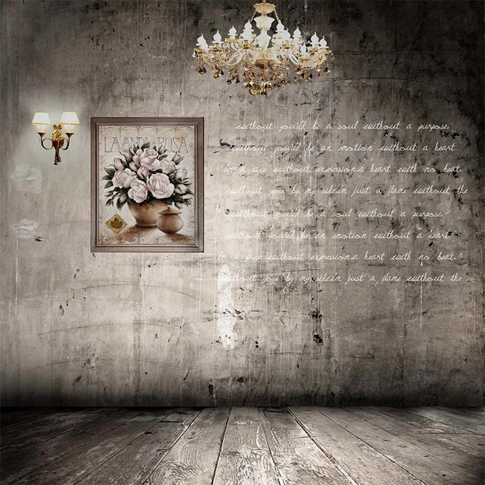 

Retro Style Gray Wall Wedding Background Photography Printed Flowers Vases Poem Crystal Chandelier Photo Backdrop Wooden Floor