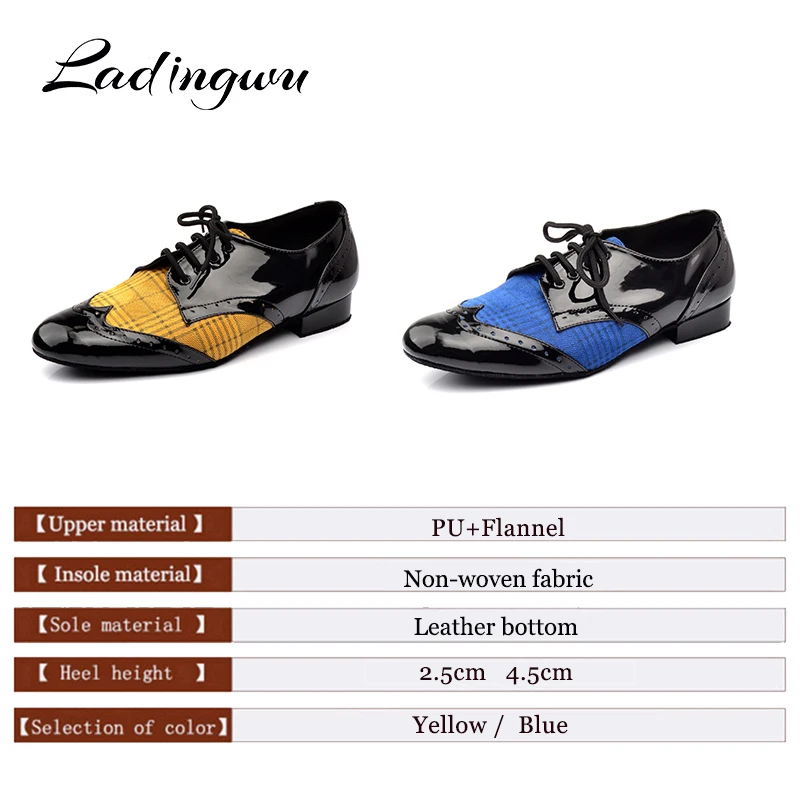 Ladingwu Men  Low-heeled Dance Shoes Latin Dance Shoes Men Salsa Tango Ballroom Dance Shoes PU and Flannel Yellow Blue Lattice