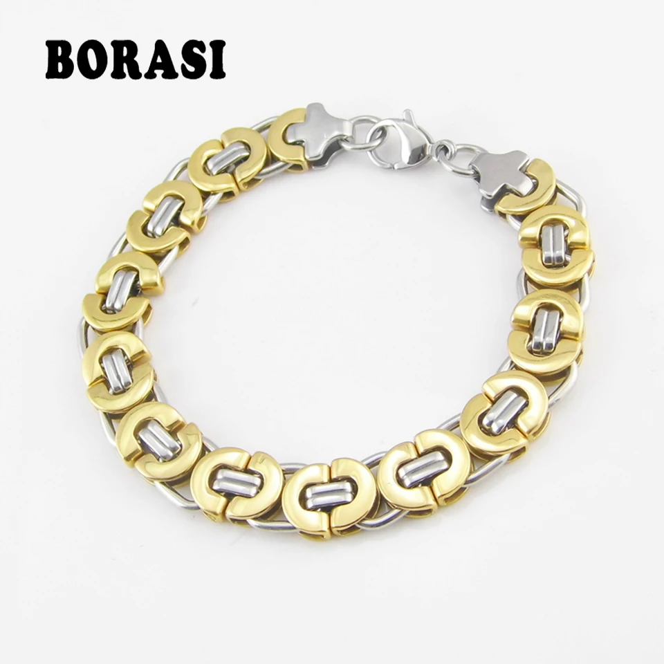 Length 21.5 cm Wide 11mm Fashion  Men\'s Jewelry Stainless Steel Silver Color/Gold Byzantine Bracelet
