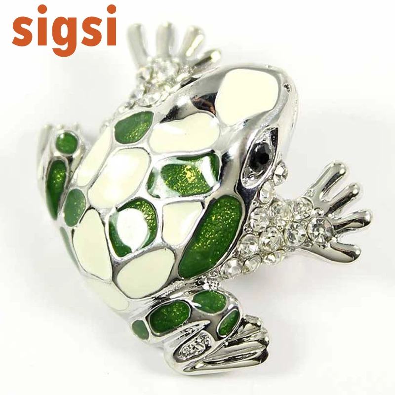 DHL free shipping 100pcs a lot 2H x 1.5W inch Green and white enamel Frog Broach, Prince King Frog Jewelry For Frogs Lovers