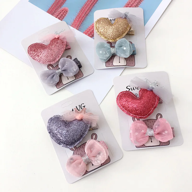 Boutique 12sets 2in1 Fashion Kawaii Glitter Heart Hairpins Solid Cute Bow Hair Clips Princess Headwear Hair Accessories