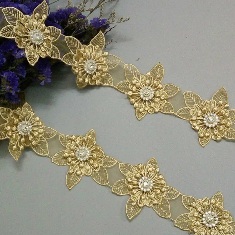 

10x Gold 6.5x6.5cm 3D Cotton Pearl Flower Embroidered Lace Trim Ribbon Fabric Handmade DIY Wedding Dress Sewing Supplies Craft