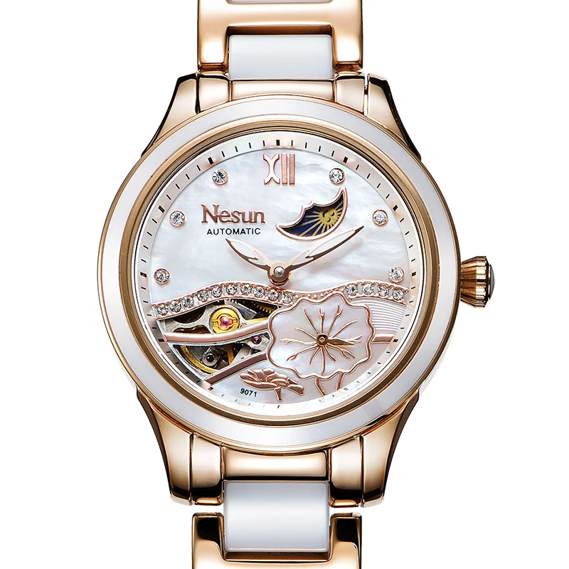 Switzerland NESUN Luxury Brand Automatic Mechanical Women's Watches Waterproof Moon Phase Skeleton Fashion Ladies Clock N9071L