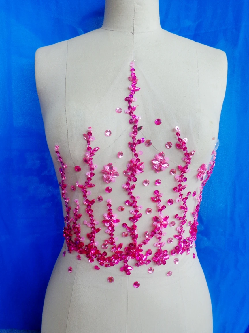 A59 Handmade rose red/pink colour  crystal  patches sew on trim  Rhinestones applique with stones sequins beads  32*32cm