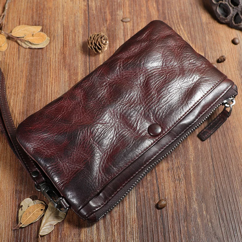 AETOO Original handmade genuine leather long wallet Vintage wrinkled leather multi-function large trend buckle wallet men