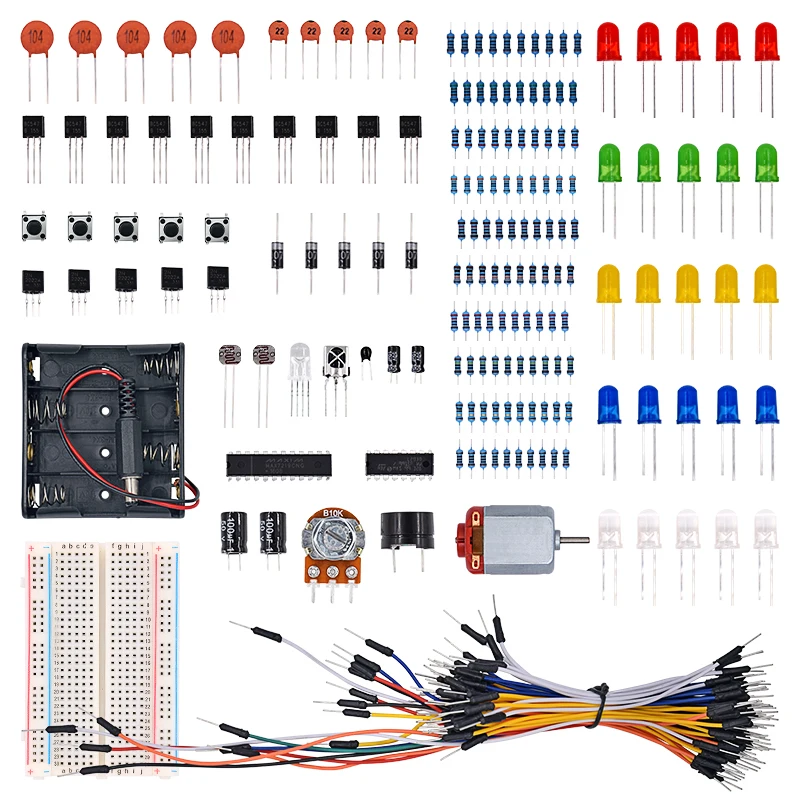 

Electronic Universal Parts Kit Breadboard LED Cable Resistor Potentiometer Capacitance for Arduino UNO Kit