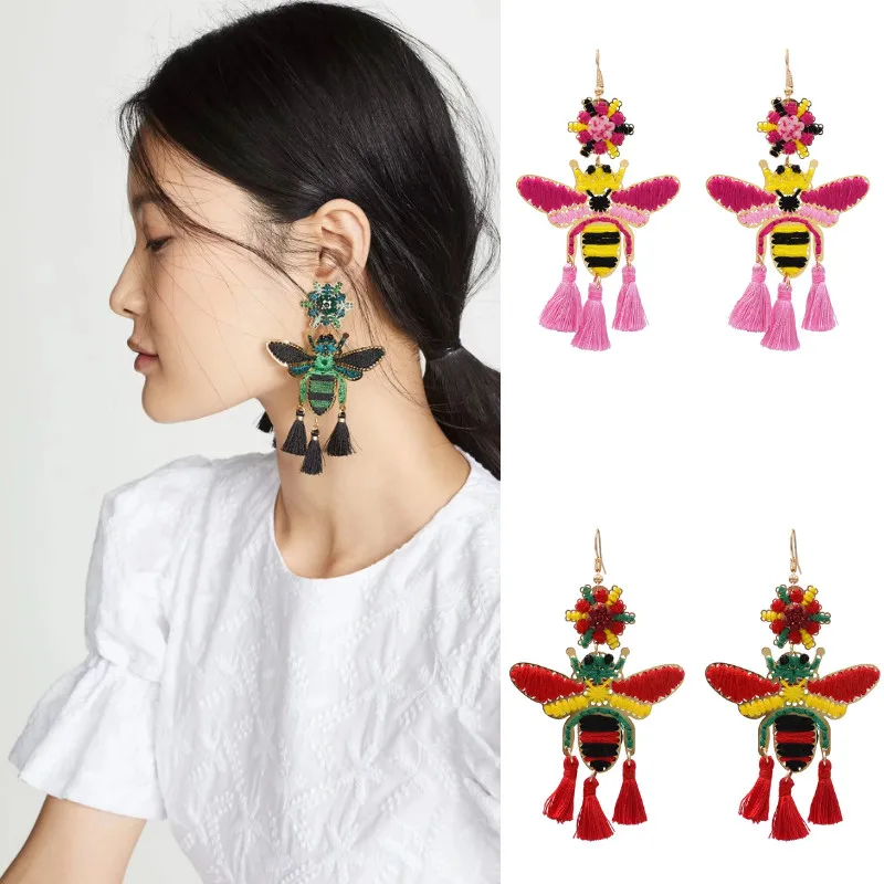 Bohemian Handmade Bead Jewelry for Women Thread Tassel Chain Fringe Long Earrings Cute Crystal Insect Bee Fashion Earring Brinco