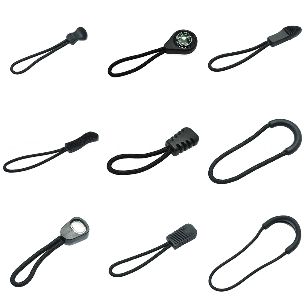 10pcs/pack Zipper Pulls Cord Ends Strap Lariat Black For Apparel Accessories 9 Style