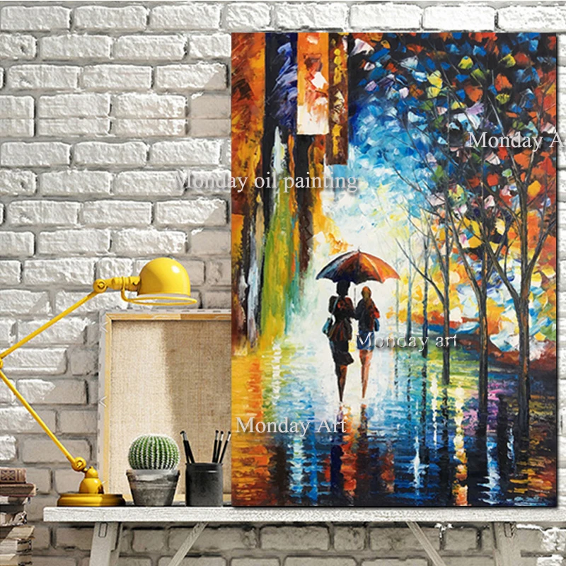 Large Handpainted Landscape Oil Painting Lover Rain Street Tree Lamp On Canvas Wall Art Wall Pictures For Living Room Home Decor