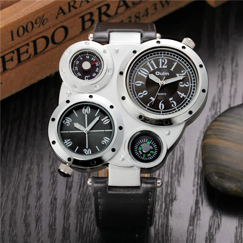 

Men Watches OULM Brand Creative Luxury Sport Militray Leather Two Time Zone Relogio Masculino Male Casual Quartz Wristwatches