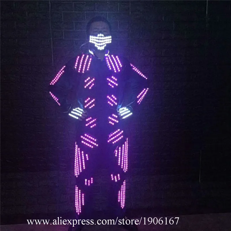 Colorful LED Lights Dancer Ballroom Costume Party Mask Led Luminous Robot Men Suit Stage Performance DJ Show Illuminated Clothes