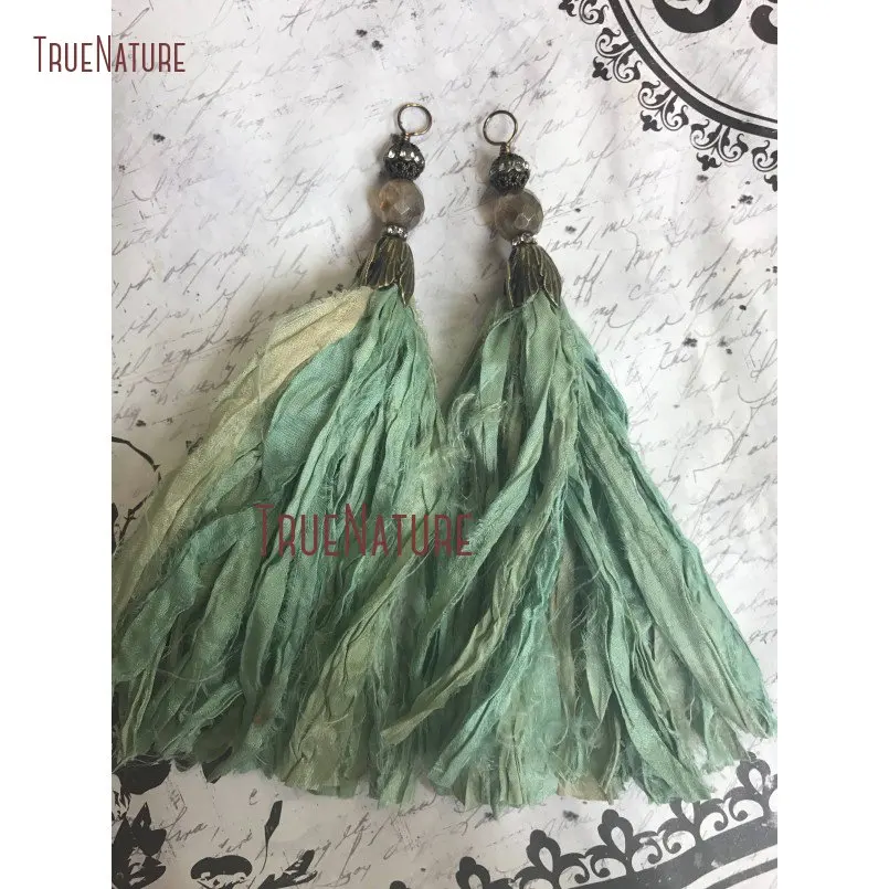 

Handmade Long Soft Seafoam Green Sari Silk Tassel Bohemian Pendant Antique Brass Flower Petal Bead Cap Necklace Making PM14471