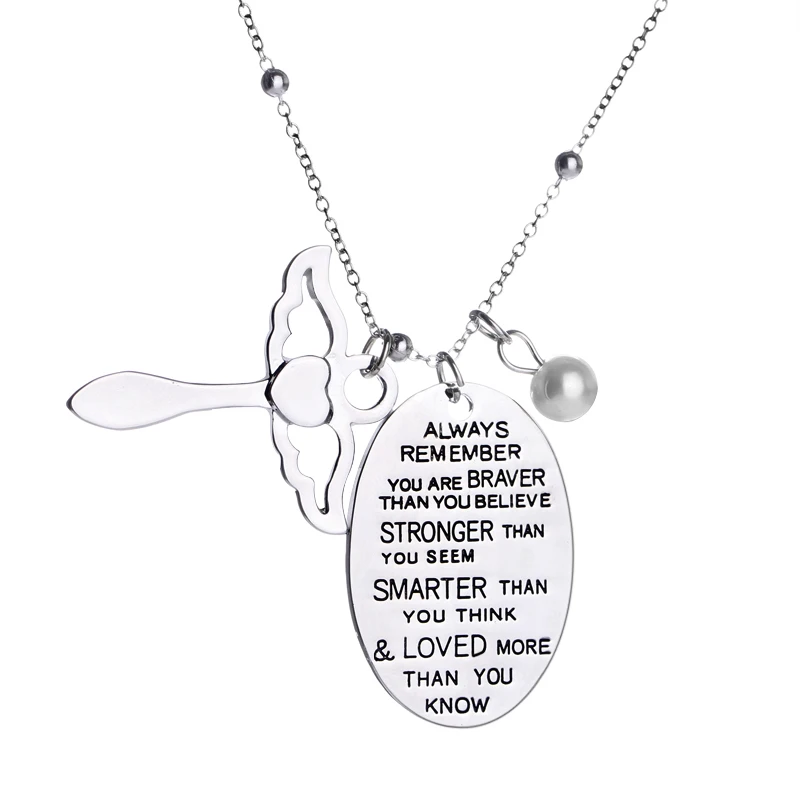 Always Remember You Are Braver Than You Believe Inspirational Letters Engraved Angle Wing Charm Necklace