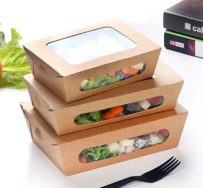 

3 size Kraft Paper Salad Box Disposable Water Proof Takeaway Lunch Fruit Box Camping Supplies Dinnerware SN1638