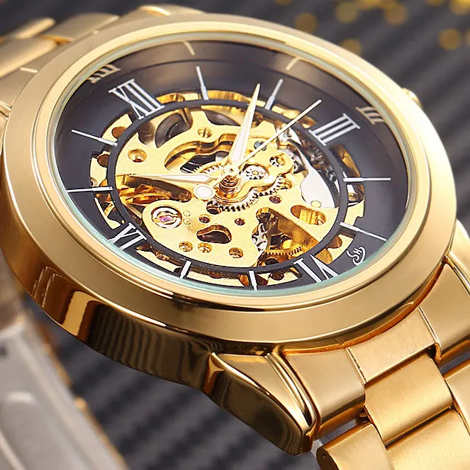 

SHENHUA Luxury Brand Gold Skeleton Automatic Watch Men Stainless Steel Strap Male Clock Relogio Masculino Men's Mechanical Watch