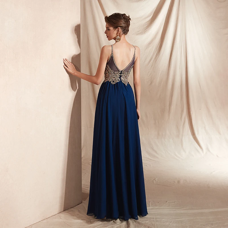 JaneVini-Vestidos de Fiesta largos azul marino, elegantes vestidos de fiesta de noche con cuello Halter, apliques dorados, gasa con cuentas, 2019