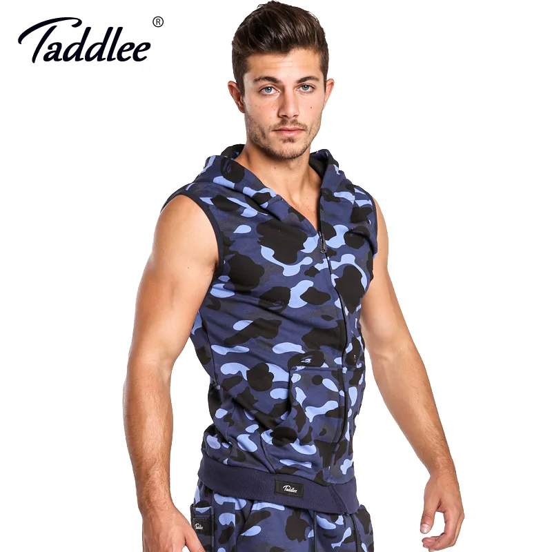 Taddlee Brand Hoodies Tank Top Men Sleeveless Zip-up Vest Active Camo Fitness Men's Active Hooded Gym Cotton Tees New