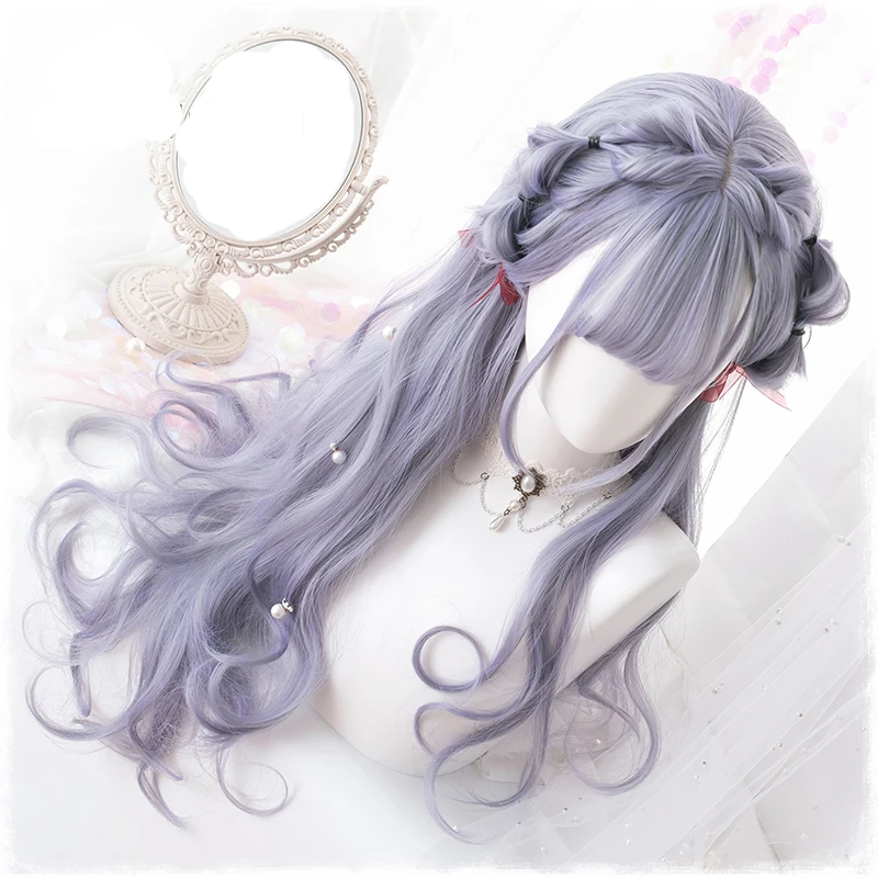 Perruques de Cosplay synthétiques, 70cm, Harajuku japonais, violet, gris mélangé, jolie Lolita Kawaii, cheveux longs et bouclés, Costume + bonnet de perruque