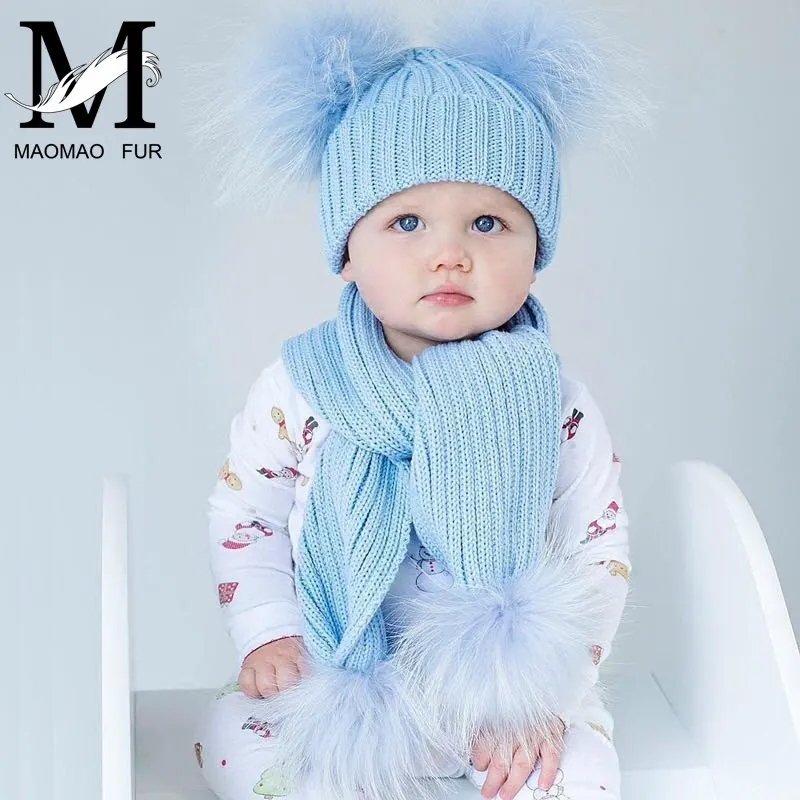 Mùa đông Thực Khoác Nỉ và Nón Bộ Trẻ Em Lớn Thật Gấu Trúc Lông Bóng Nón Đôi Lông Pom Pom Beanies Trẻ Em bé gái Ấm Khăn Mũ