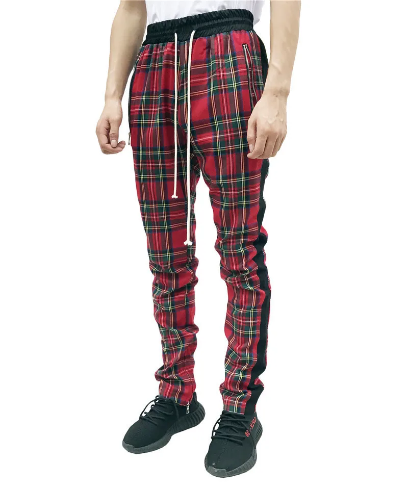 2020 New Fashion Men Sweatpants Hip Hop Pants Red Plaid Streetwear Zipper Slim Pencil Pants men Trousers Jogger Pants