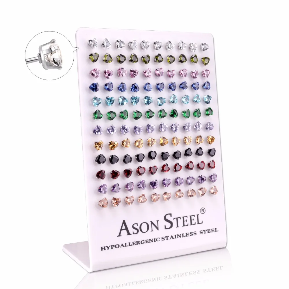 ASONSTEEL Heart Design Stainless Steel Stud Earrings Wholesale 60pairs/lot Women Coloful Crystal Earrings Christmas Jewelry