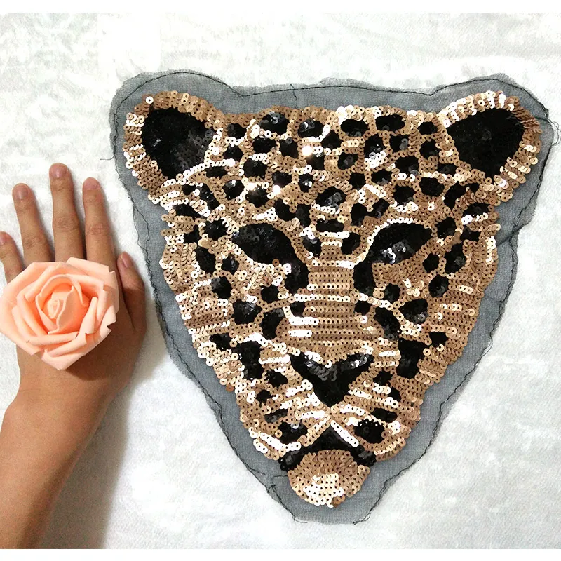 Sequins patch leopard head DIY clothes patches for clothing Sew-on embroidered patch motif beaded applique deal with it crafts