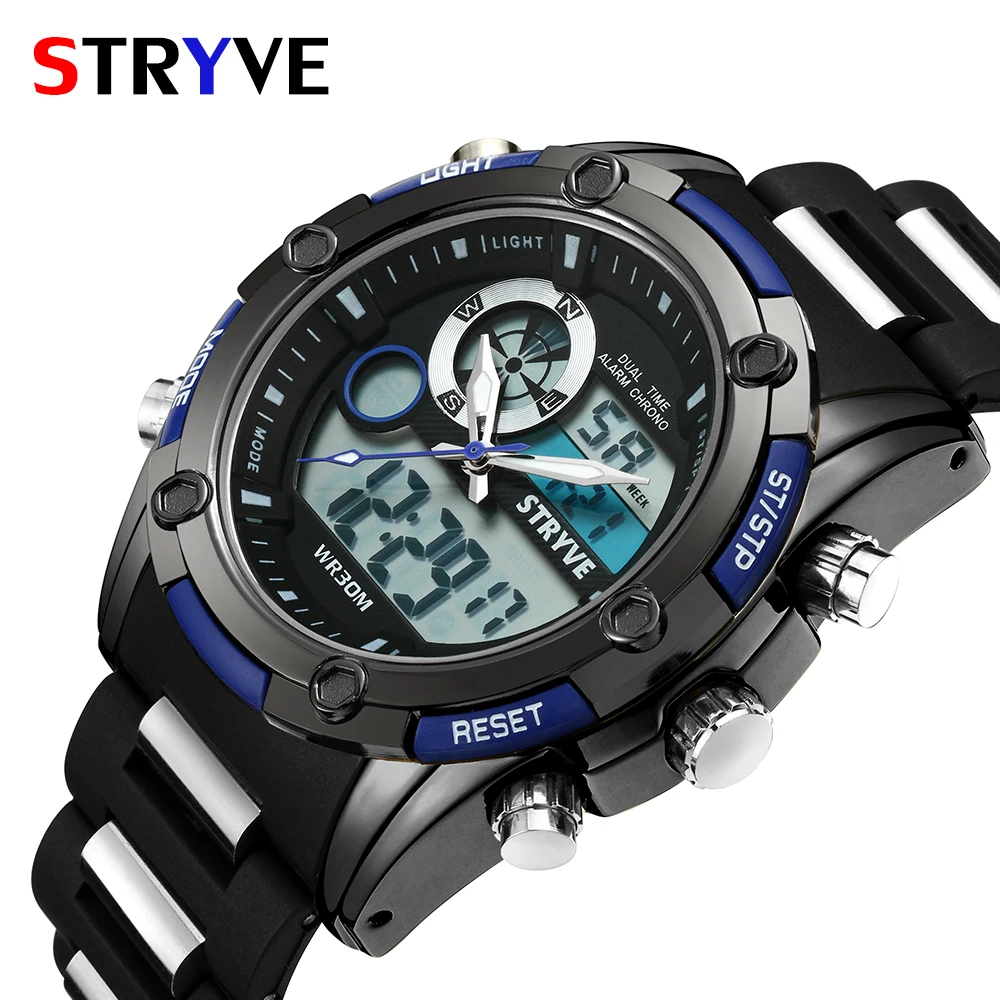 Stryve Brand Luxury Dual Display Watches Quartz Digital Led Clock 30m Water Resistant Military Big Dial Men Outdoor Sports Watch