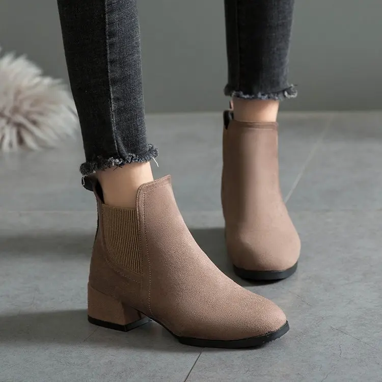 Buty zimowe jesień kobiety wielbłąd czarne trzewiki dla kobiet gruby obcas Slip On buty damskie buty Bota Feminina 35-41