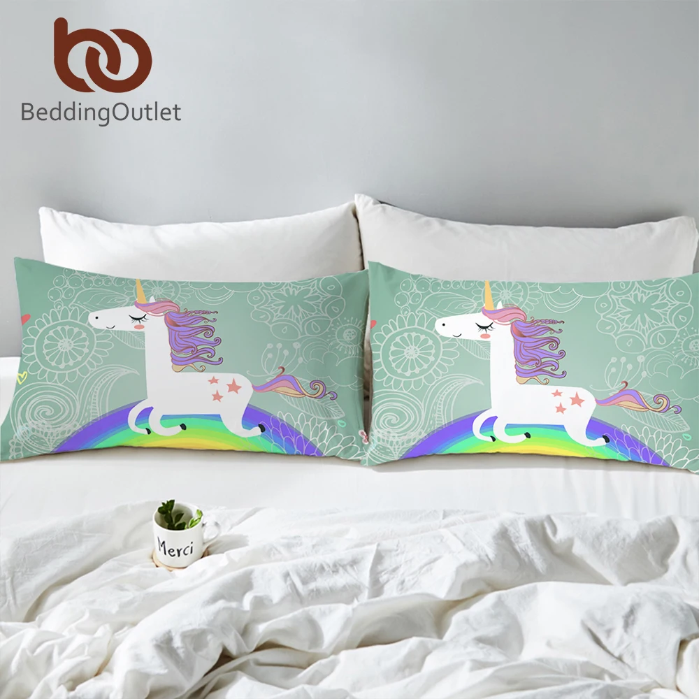 BeddingOutlet Unicorn Bed Pillowcase Believe Miracles Print Pillow Cover for Kids Cartoon Pillow Case Colorful Rainbow Bedding