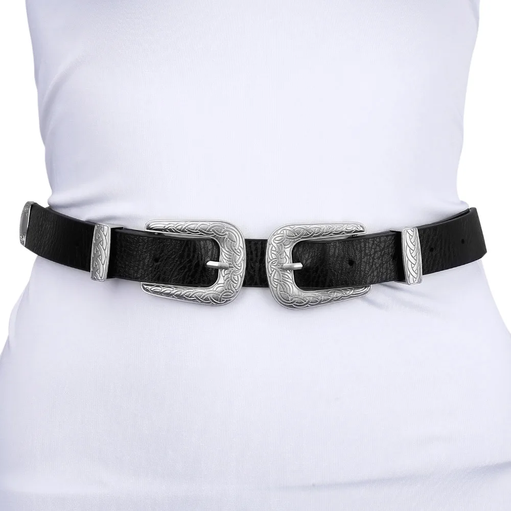 Ceinture Vintage rétro sculptée en métal, large, Double boucle, réglable, PU, ceinture élastique pour femmes, tendance pour Jeans YS148