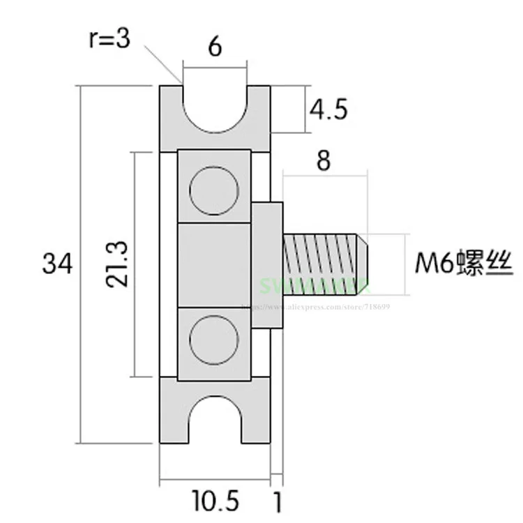 1pcs M6*34*10.5mm M6 screw thread screw 34mm U grooved pulley plastic engineering plastic roller