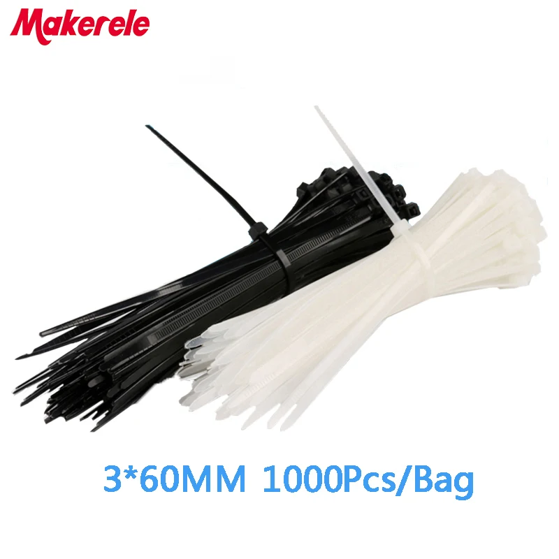 1.8*60mm 1000PCS/Bag white and black Practical Self-Locking Nylon Plastic Wire Cable Cord Zip Ties Strap