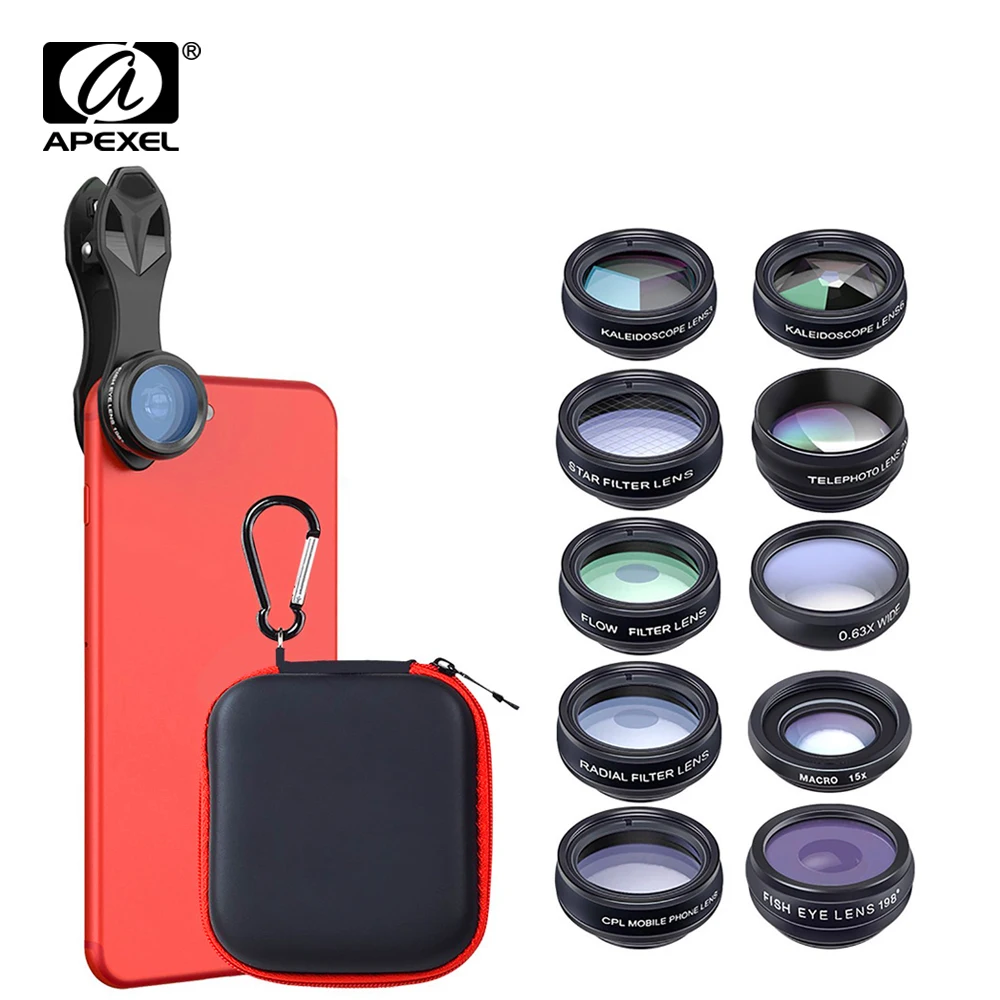 APEXEL 10in1 CellPhone Camera Lens Kit Wide Angle&Macro Lens+Fisheye Lens Telephoto Lens CPL/Flow/Star/Kaleidoscope for phones