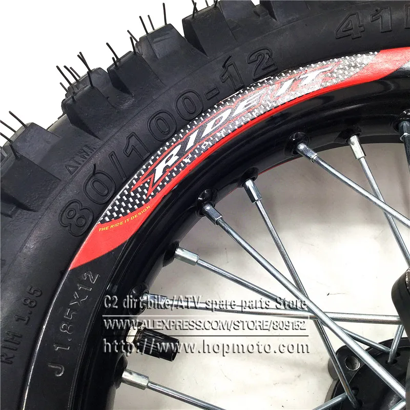 80/100-12 Tyres 1.85 x 12inch Rear Rims Wheel Steel Hub Black Wheels 32 spoke 12mm 15mm axle hole for dirt pit bike Kayo Apollo