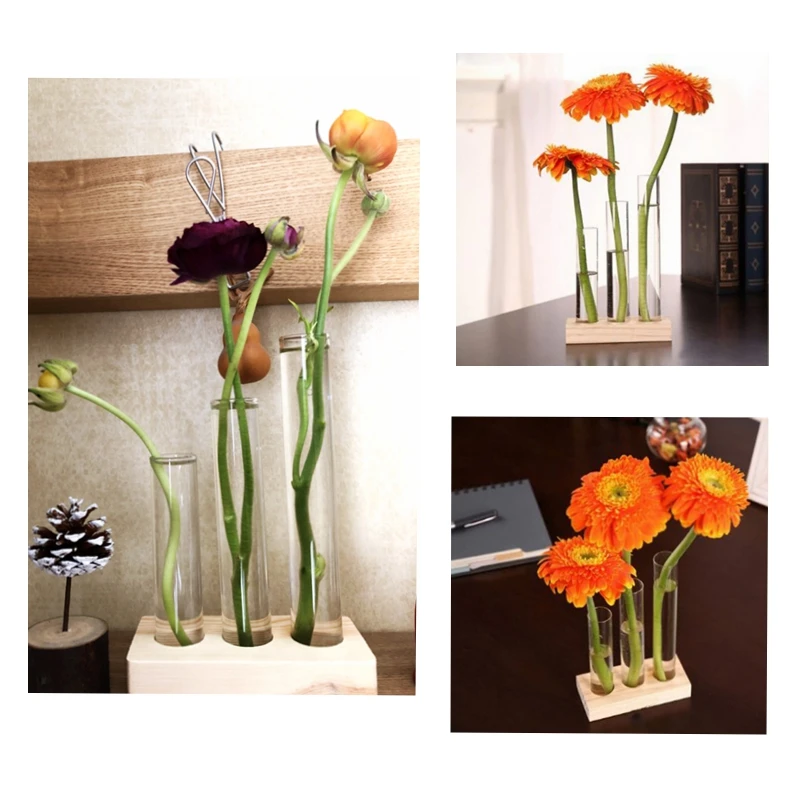 Plant Terrarium with Wooden Stand Desktop Live Plant Propagation Station Planter Glass Tubes Hydroponic Vase Air Planter Holder