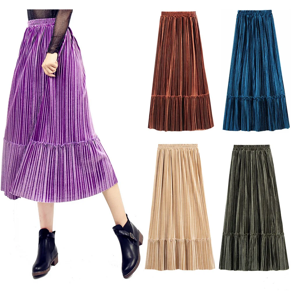 2018 new hot fashion skirt Women's Elastic Waist Retro Luster Elegant Metallic Pleated A Line Maxi Skirts S-XL BQ071