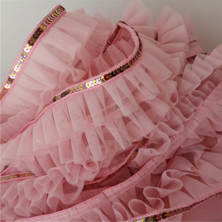 5CM Wide Luxury Pink 3D Pleated Lace Glitter Sequins Ribbon Ruffle Trim Collar Prom Dress Clothing DIY Applique Guipure Supplies