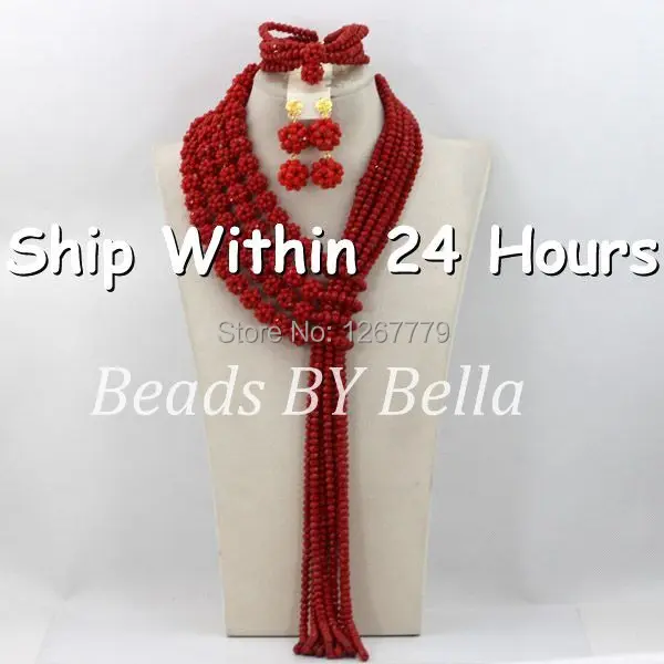 Luxury Fuchsia Oxblood red Nigerian Wedding African Beads Jewelry Set Strands Indian Bridal Jewelry Set Free shipping ABJ551